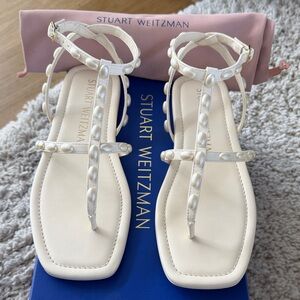 Stuart Weitzman Pearl-Studded T-Strap Cream Sandals